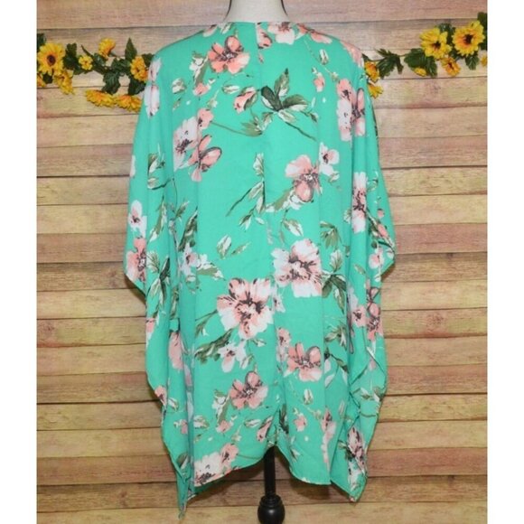 Eleven Oaks Mint Green & Pink Floral Open Front Poncho Cardigan Kimono Ladies M - Picture 7 of 12